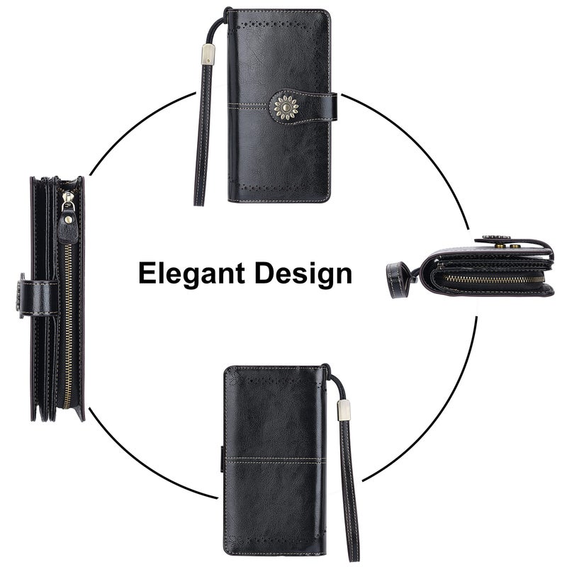 Lavemi Womens Large Capacity Genuine Leather RFID Blocking Wallets Wristlet Clutch Card Holder(Black-1) - Image 4