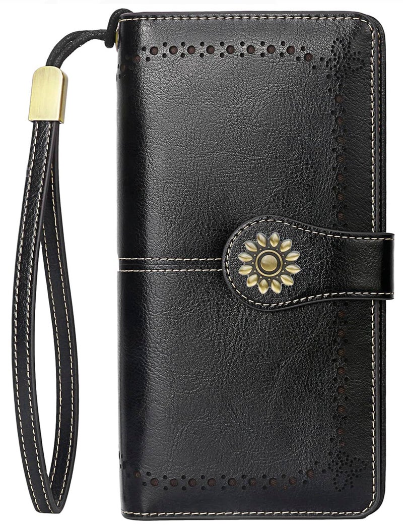 Lavemi Womens Large Capacity Genuine Leather RFID Blocking Wallets Wristlet Clutch Card Holder(Black-1) - Image 2
