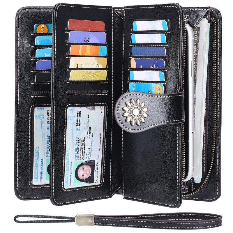 Lavemi Womens Large Capacity Genuine Leather RFID Blocking Wallets Wristlet Clutch Card Holder(Black-1) - Image 1