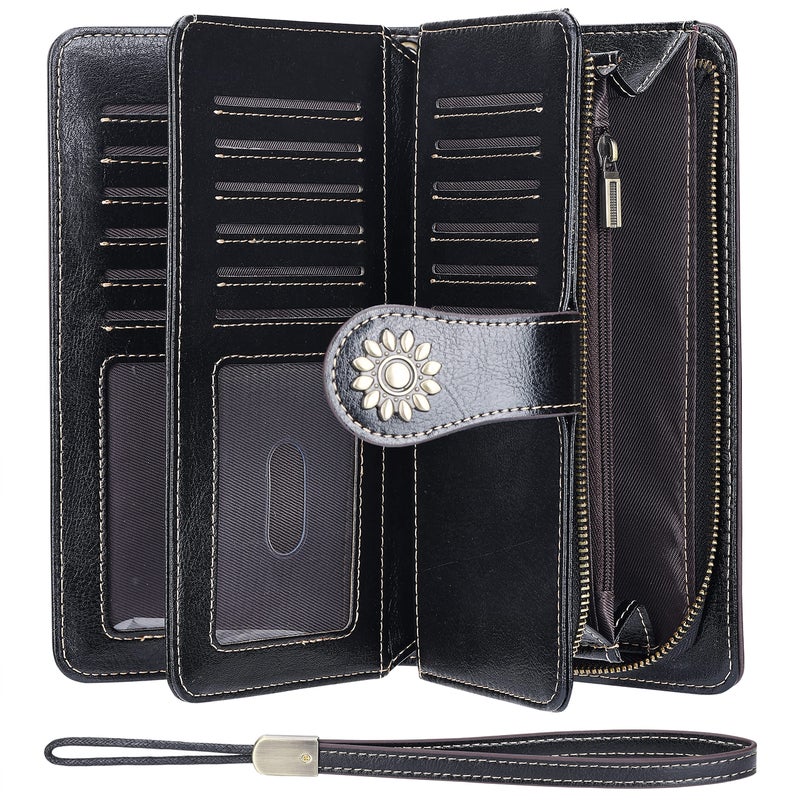 Lavemi Womens Large Capacity Genuine Leather RFID Blocking Wallets Wristlet Clutch Card Holder(Black-1) - Image 3