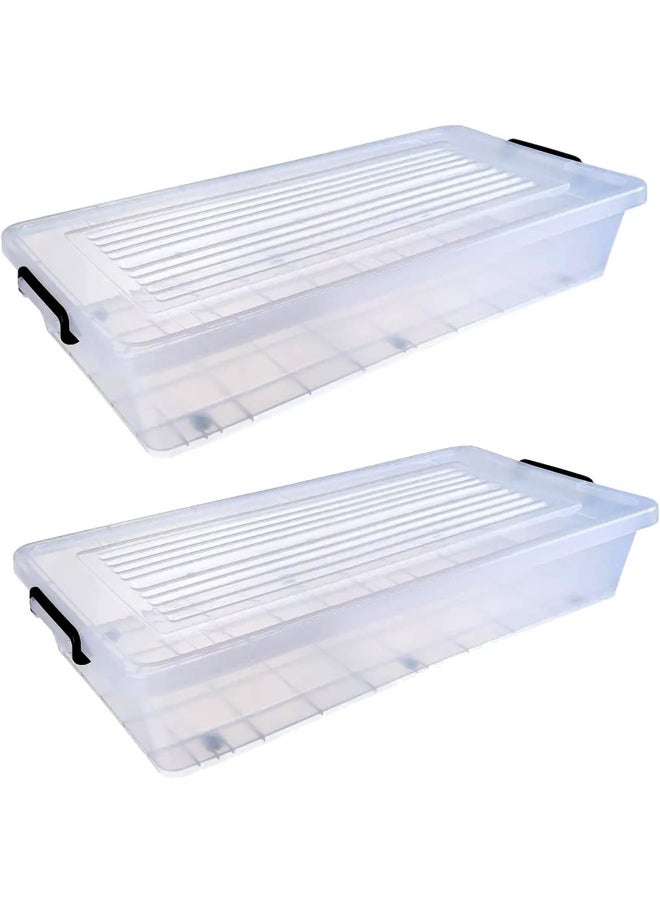 Premify - 2 Pack 34L Plastic Storage Boxes With Lid & Wheels | Slim Under Bed Plastic Organizer – Stackable Transparent Box Storing Clothes, Toys, Shoes, Tools, Medicine, Office Supplies, Kitchen - Image 1