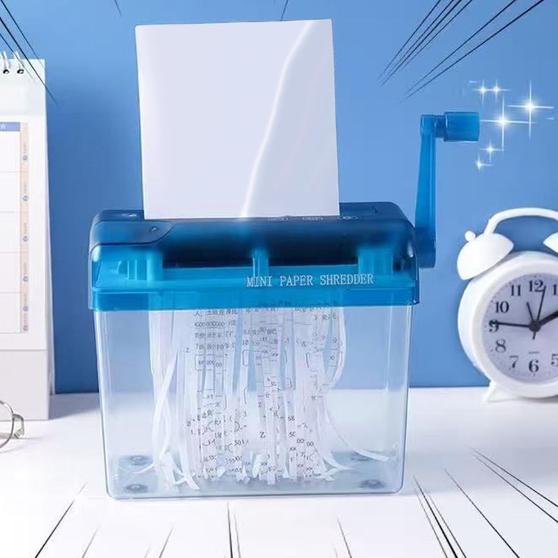 Blue Hand Crank Manual Paper Shredder Compact Desktop Device for Office Receipt Letter Disposal - Image 3