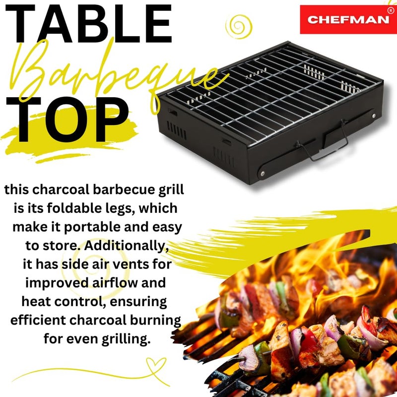 Chefman Mini Portable Table Top Charcoal Barbeque Grill for Outdoor Cooking, Featuring Foldable Legs, Removable Grill, and 6 Skewers, Perfect for Camping, Tailgating, Picnics, and Backyard Barbecues - Image 2