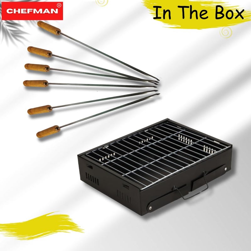 Chefman Mini Portable Table Top Charcoal Barbeque Grill for Outdoor Cooking, Featuring Foldable Legs, Removable Grill, and 6 Skewers, Perfect for Camping, Tailgating, Picnics, and Backyard Barbecues - Image 5