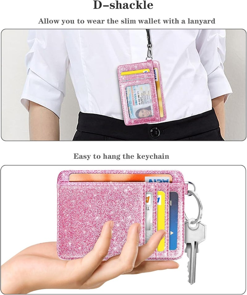 Coco Rossi Slim Front Pocket Wallet RFID ID Card Holder Cute Small Wallet with Wrist Lanyards Key Chain Holder for Women, Peach Pink Glitter - Image 4