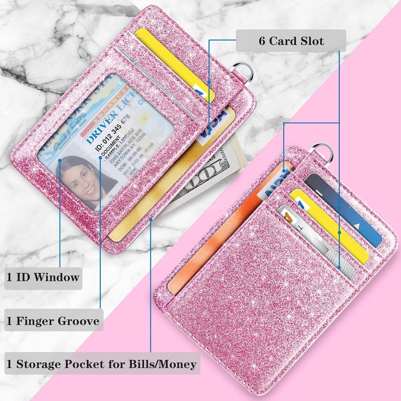 Coco Rossi Slim Front Pocket Wallet RFID ID Card Holder Cute Small Wallet with Wrist Lanyards Key Chain Holder for Women, Peach Pink Glitter - Image 3