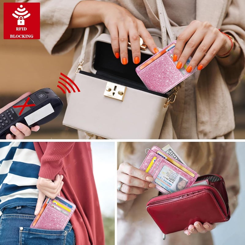 Coco Rossi Slim Front Pocket Wallet RFID ID Card Holder Cute Small Wallet with Wrist Lanyards Key Chain Holder for Women, Peach Pink Glitter - Image 5