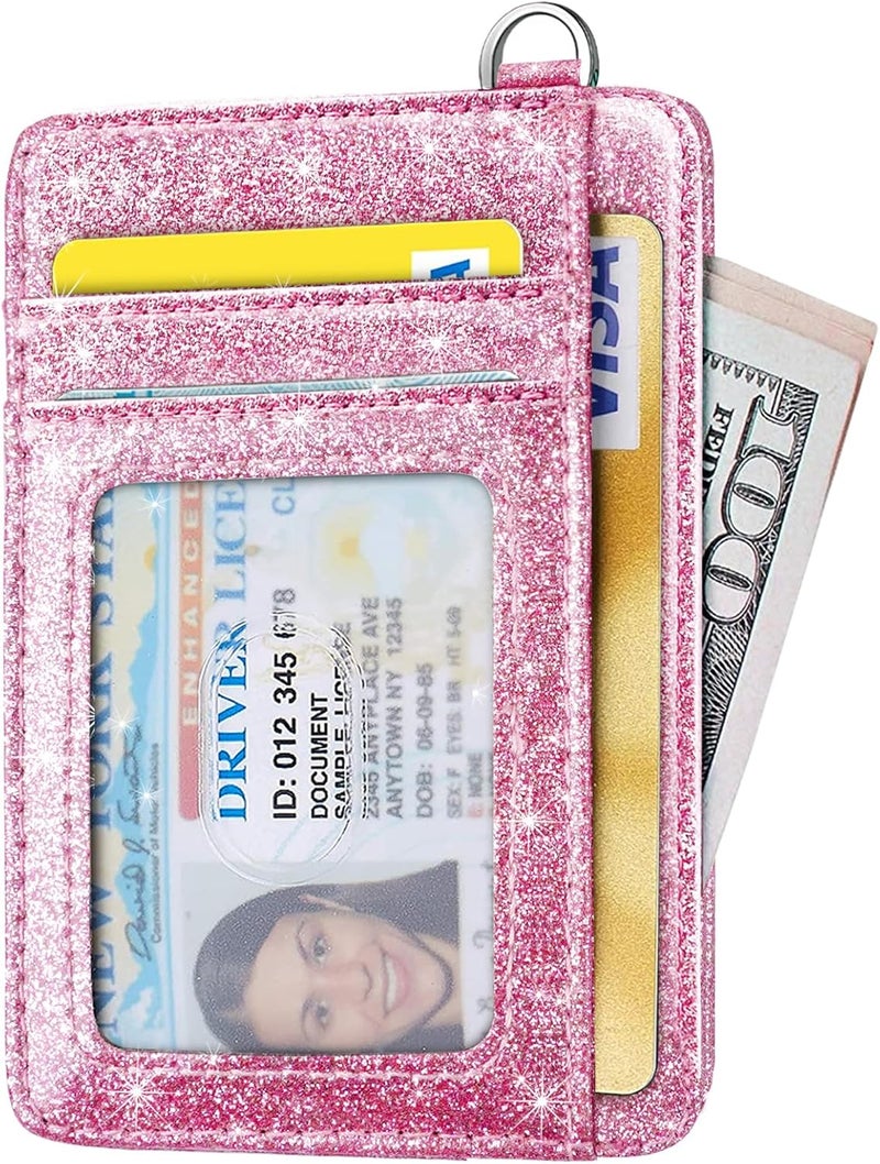 Coco Rossi Slim Front Pocket Wallet RFID ID Card Holder Cute Small Wallet with Wrist Lanyards Key Chain Holder for Women, Peach Pink Glitter - Image 2