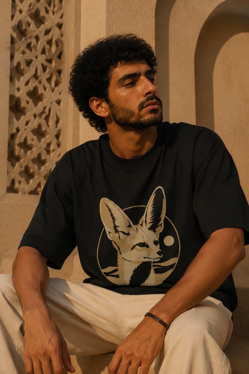 Men's Oversized Black Fennec Fox Graphic T-Shirt Casual Short Sleeve Crew Neck Streetwear Tee - Image 4