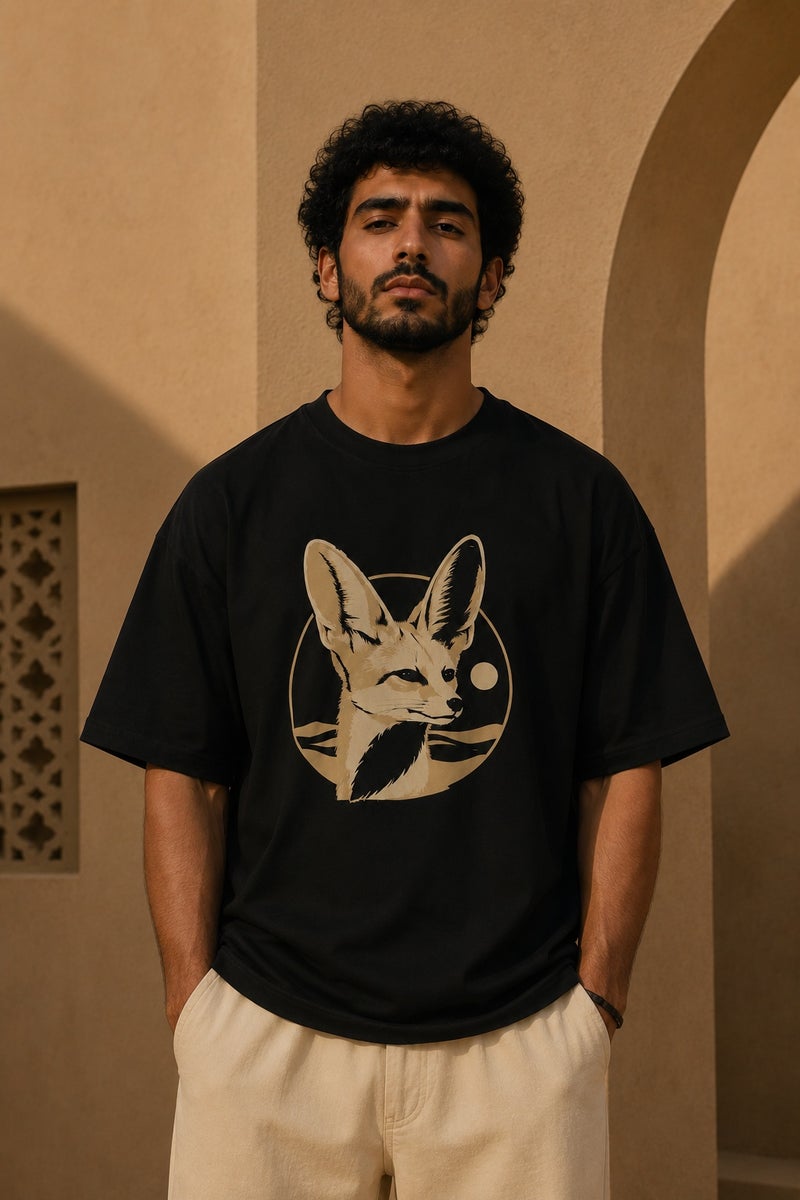 Men's Oversized Black Fennec Fox Graphic T-Shirt Casual Short Sleeve Crew Neck Streetwear Tee - Image 2