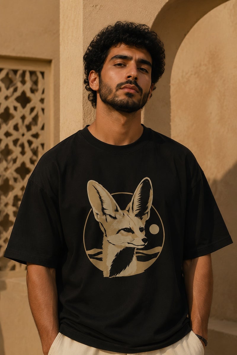 Men's Oversized Black Fennec Fox Graphic T-Shirt Casual Short Sleeve Crew Neck Streetwear Tee - Image 1