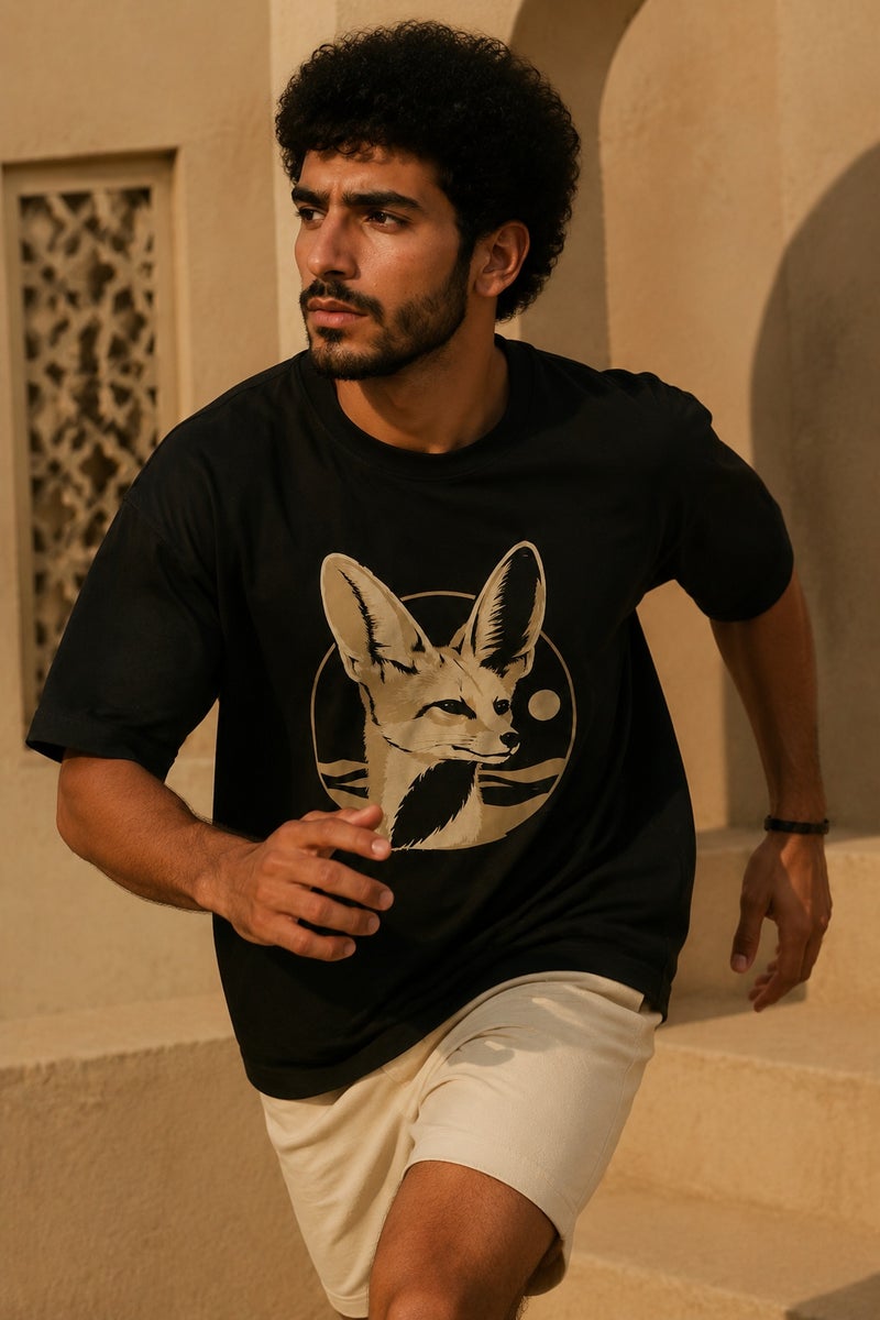 Men's Oversized Black Fennec Fox Graphic T-Shirt Casual Short Sleeve Crew Neck Streetwear Tee - Image 3