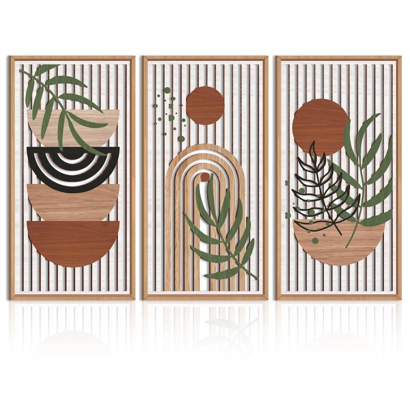 IARTTOP Large Boho Wood Wall Art Framed 16x32 Inch Mid century Modern Wooden Wall Decor Abstract Bohemian Minimalist Art Decor for Bedroom Living Room Office Set of 3 - Image 2