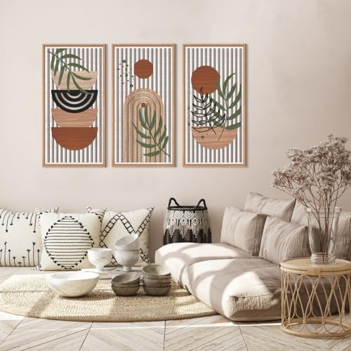 IARTTOP Large Boho Wood Wall Art Framed 16x32 Inch Mid century Modern Wooden Wall Decor Abstract Bohemian Minimalist Art Decor for Bedroom Living Room Office Set of 3 - Image 3