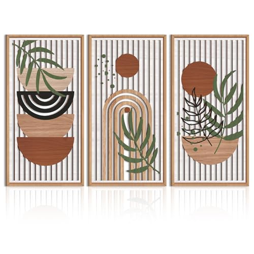 IARTTOP Large Boho Wood Wall Art Framed 16x32 Inch Mid century Modern Wooden Wall Decor Abstract Bohemian Minimalist Art Decor for Bedroom Living Room Office Set of 3 - Image 1