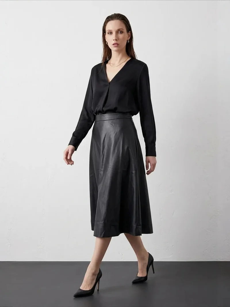 My Fashion MY FASHION High-Waist Midi A-Line Faux Leather Skirt