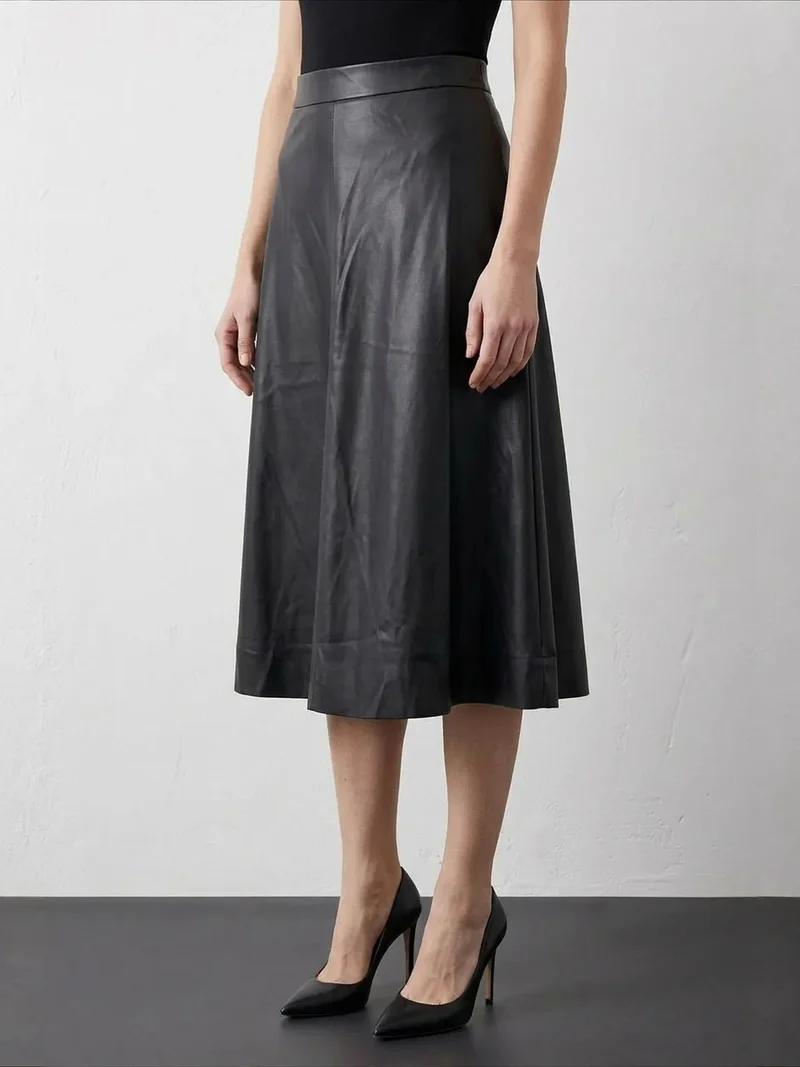 My Fashion MY FASHION High-Waist Midi A-Line Faux Leather Skirt