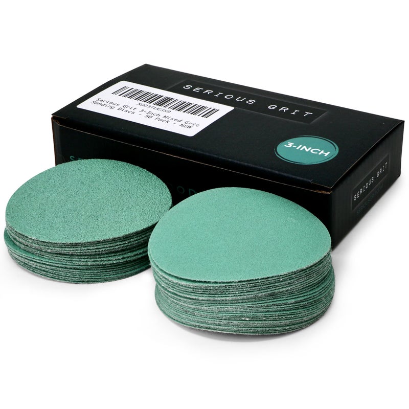 Serious Grit - 3-Inch Sanding Disc Assortment - 80 120 150 180 220 Grit (10/Each) Heavy-Duty Hook & Loop Film Discs - Sandpaper for Woodturning & Drill Attachment Sanding Pads - 50 Pack - Image 1