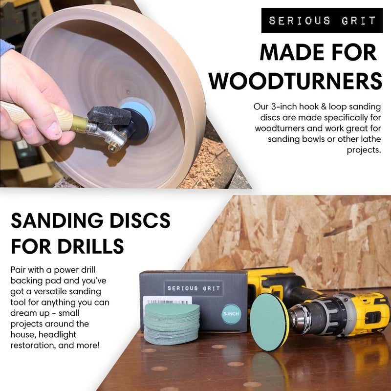 Serious Grit - 3-Inch Sanding Disc Assortment - 80 120 150 180 220 Grit (10/Each) Heavy-Duty Hook & Loop Film Discs - Sandpaper for Woodturning & Drill Attachment Sanding Pads - 50 Pack - Image 3