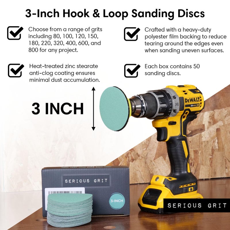 Serious Grit - 3-Inch Sanding Disc Assortment - 80 120 150 180 220 Grit (10/Each) Heavy-Duty Hook & Loop Film Discs - Sandpaper for Woodturning & Drill Attachment Sanding Pads - 50 Pack - Image 2
