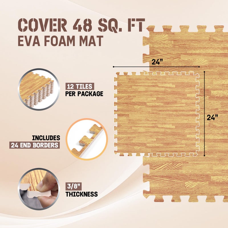 Yes4All EVA Interlocking Mats, Puzzle Floor Tiles, Foam Floor Padding with Border for Furniture, Home Space, Living Room, Garage 48 SQFT - Image 2