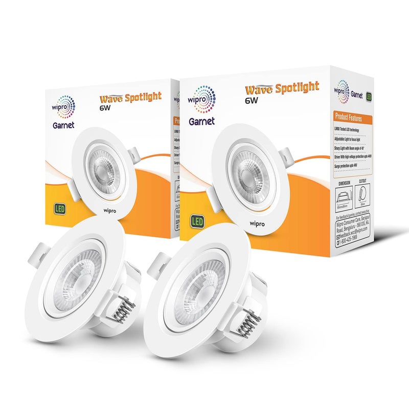 wipro Garnet 6W Round Led Wave SpotlightCob Spotlight for CeilingCool White Light 6500KAdjustable DesignRecessed Tiltable Downlighter for False CeilingCutout 75 MmPack of 2 - Image 1