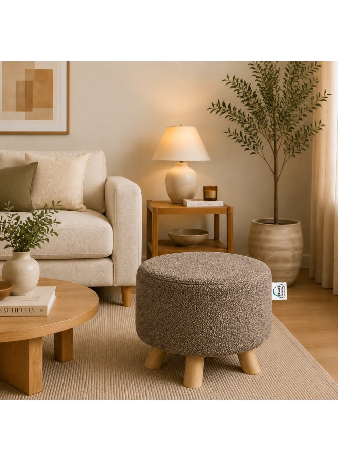 PixelsBeanBag Wide round ottoman in boucle fabric from PixelsBeanBag with wooden legs, for the living room and bedroom, vanity chair - Image 1