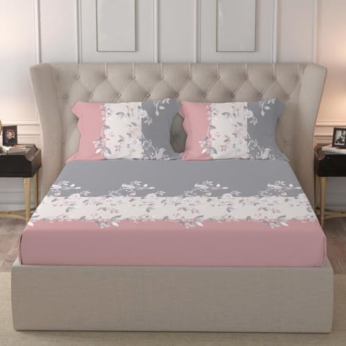 LOOMLYFE 300 TC Cotton Feel Glace Cotton Elastic Fitted Printed King Size Double Bed Bedsheet with 2 Pillow Covers Fits Upto 8 inches Mattress, Size- 72X78 Inches, PinkGreyPatta - Image 1