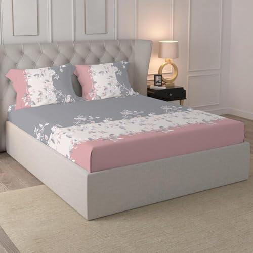 LOOMLYFE 300 TC Cotton Feel Glace Cotton Elastic Fitted Printed King Size Double Bed Bedsheet with 2 Pillow Covers Fits Upto 8 inches Mattress, Size- 72X78 Inches, PinkGreyPatta - Image 2
