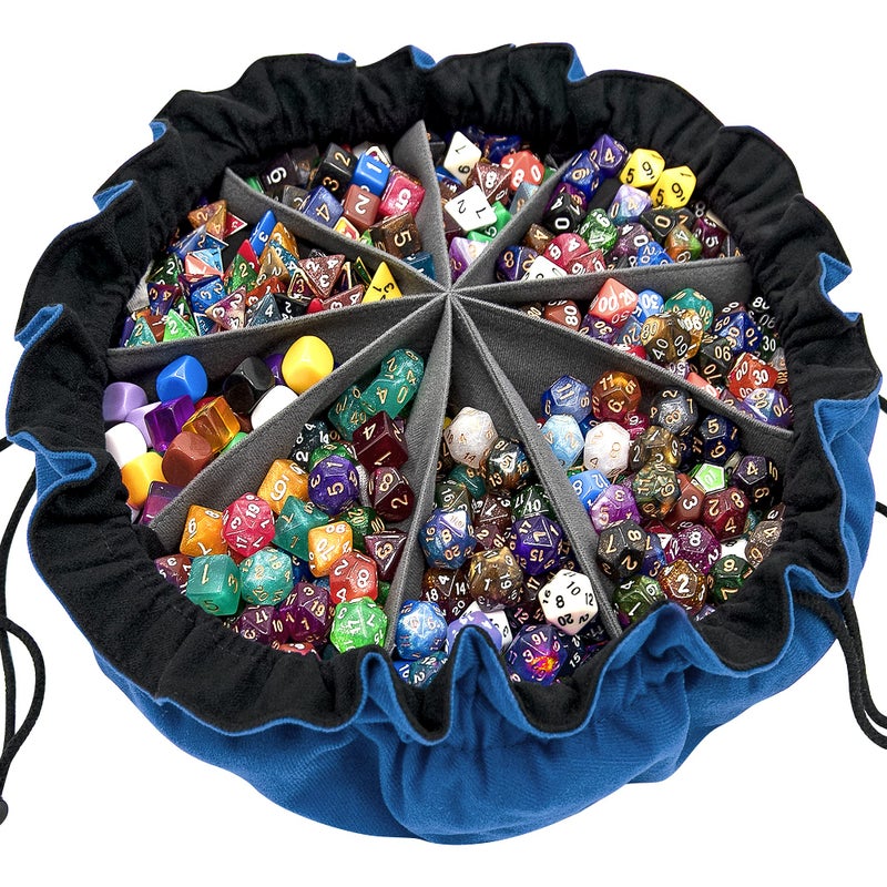 SIQUK Large Dice Bag with Pockets Big Capacity Dice Bag Drawstring Dice Pouch DND Dice Storage Bag for RPG MTG Table Games, Hold Over 300 Dice, Dark Blue - Image 1