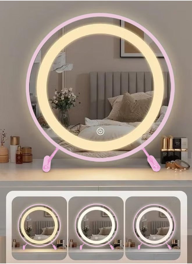 XiuWoo - 40cm Three Color Light Vanity Mirror, Smart Touch Round  Makeup Mirror with Light, Modern Simple Makeup Mirror, for Various Bathroom, Bedroom,Pink - Image 1