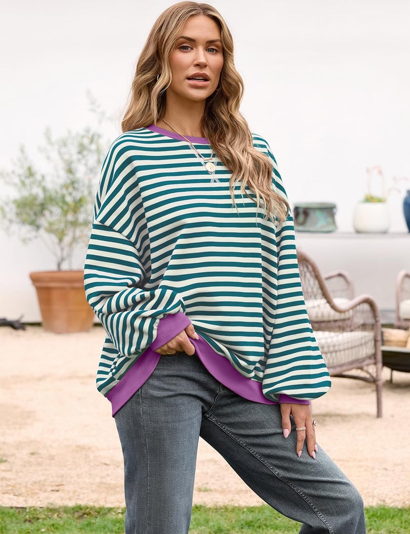 UEU Womens Oversized Long Sleeve Crew Neck Sweatshirts Soft Lightweight Cozy Pullover Tops Malachite Green Striped Large - Image 3