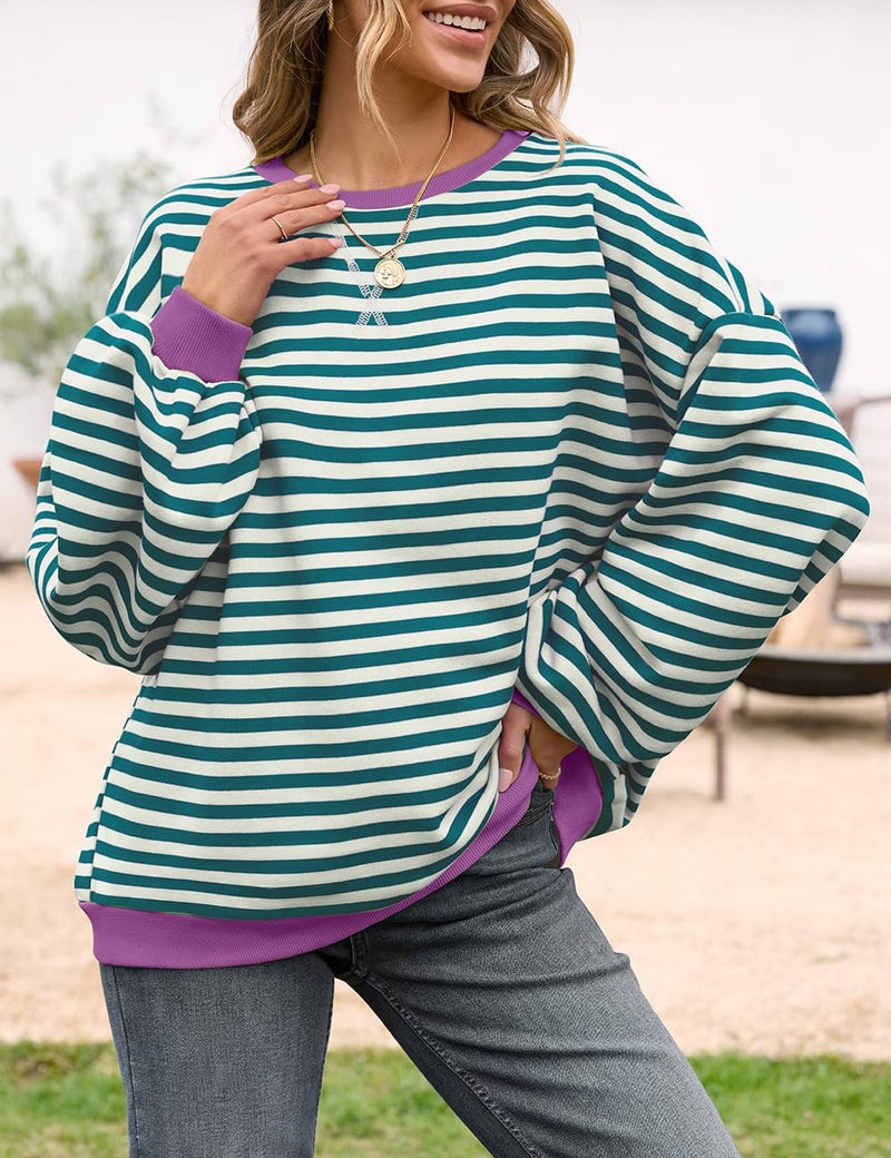UEU Womens Oversized Long Sleeve Crew Neck Sweatshirts Soft Lightweight Cozy Pullover Tops Malachite Green Striped Large - Image 2