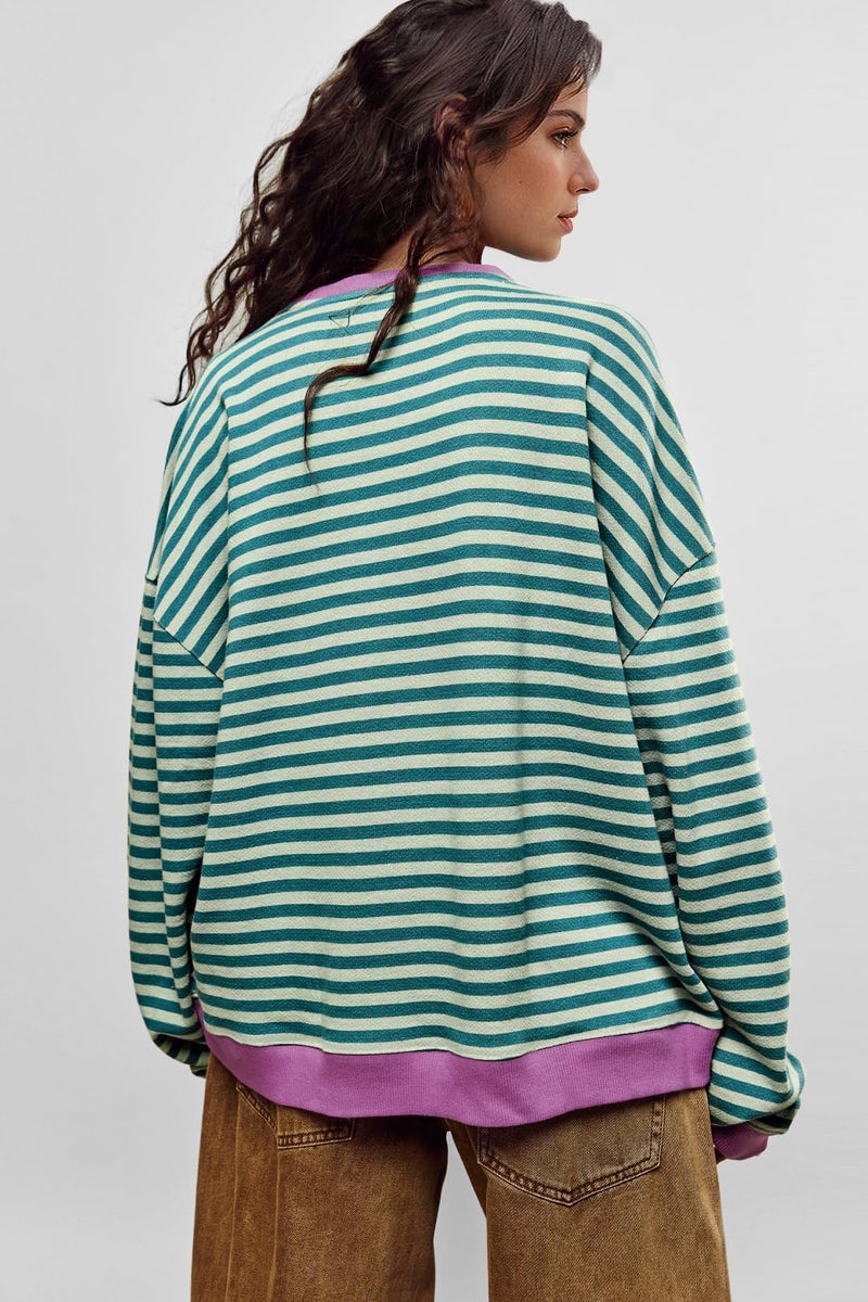 UEU Womens Oversized Long Sleeve Crew Neck Sweatshirts Soft Lightweight Cozy Pullover Tops Malachite Green Striped Large - Image 5