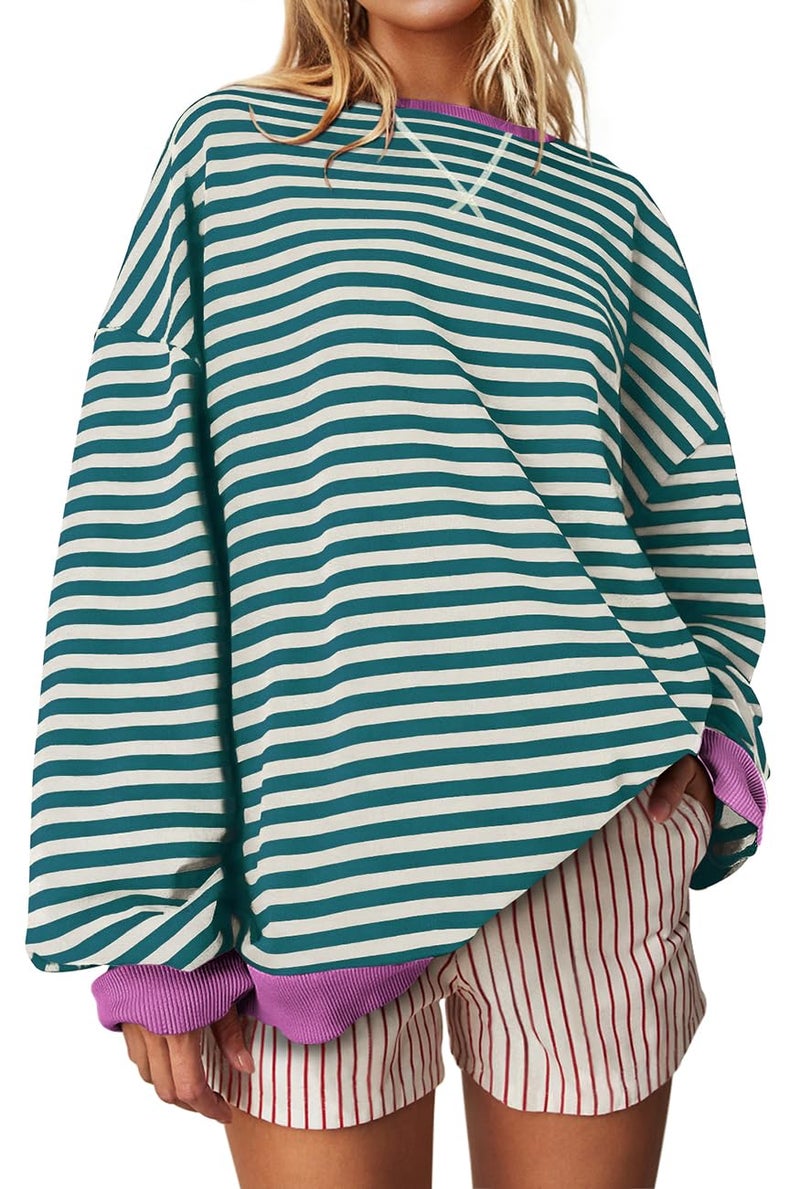 UEU Womens Oversized Long Sleeve Crew Neck Sweatshirts Soft Lightweight Cozy Pullover Tops Malachite Green Striped Large - Image 1