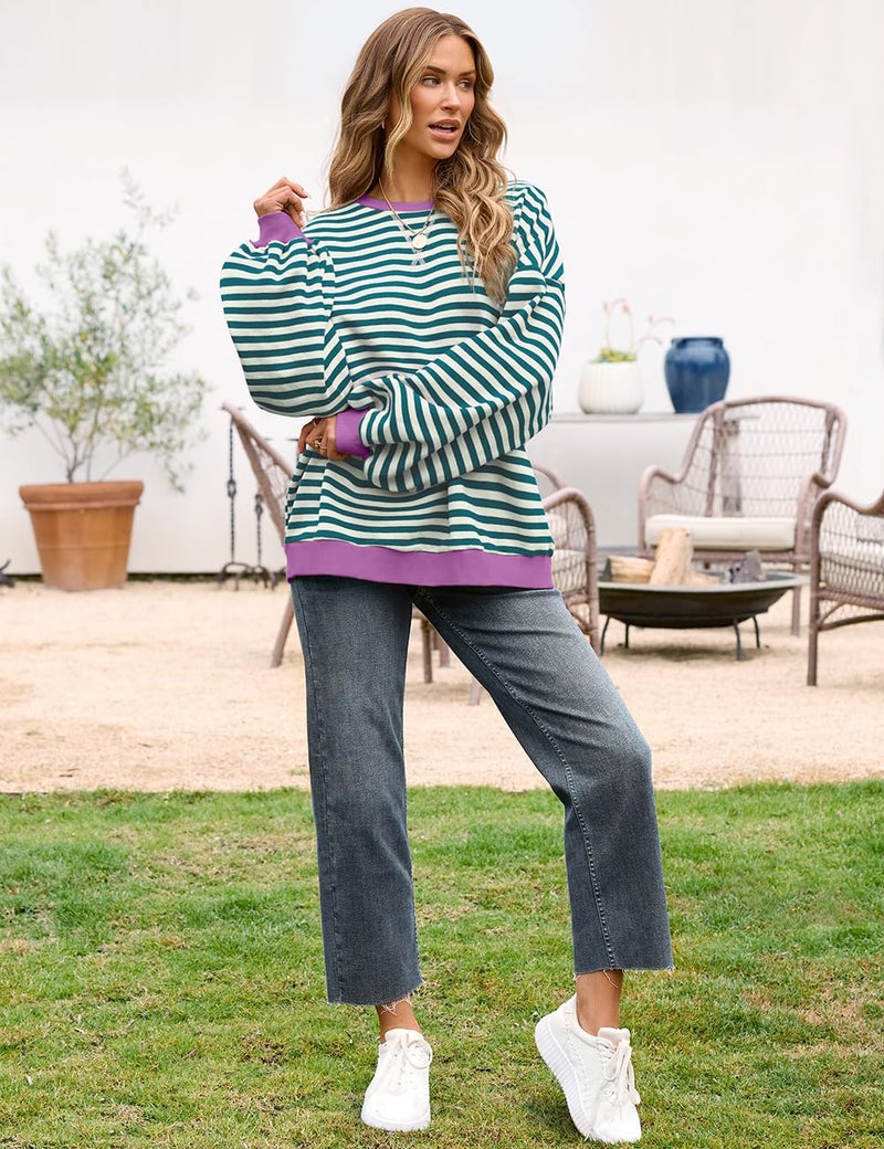 UEU Womens Oversized Long Sleeve Crew Neck Sweatshirts Soft Lightweight Cozy Pullover Tops Malachite Green Striped Large - Image 4