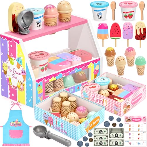 INNOCHEER Ice Cream Toy Wooden Ice Cream Play Set Pretend Play Kitchen Toys Ice Cream Toys for Toddlers Ice Cream Shop Playset Play Store Gifts Toys for 3 4 5 6 7 8 Year Old Girls Boys - Image 1