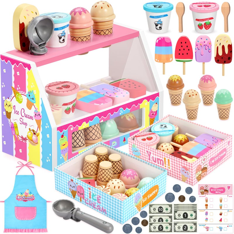 INNOCHEER Ice Cream Toy Wooden Ice Cream Play Set Pretend Play Kitchen Toys Ice Cream Toys for Toddlers Ice Cream Shop Playset Play Store Gifts Toys for 3 4 5 6 7 8 Year Old Girls Boys - Image 2