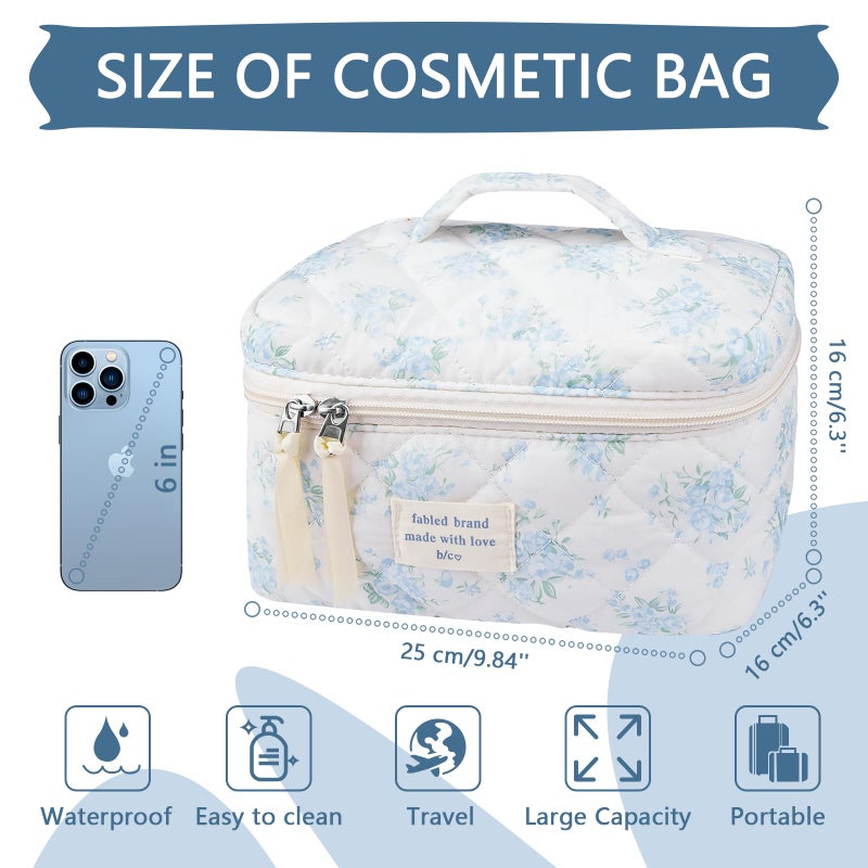 Gosect Large Travel Quilted Makeup Bag for Women,Big Floral Cotton Cosmetic Bag, Cute Coquette Aesthetic Floral Toiletry Organizer Bag (Blue Rose) - Image 2