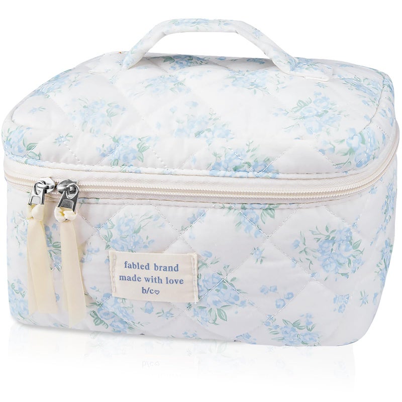 Gosect Large Travel Quilted Makeup Bag for Women,Big Floral Cotton Cosmetic Bag, Cute Coquette Aesthetic Floral Toiletry Organizer Bag (Blue Rose) - Image 1