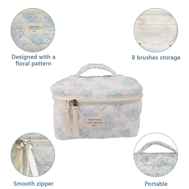 Gosect Large Travel Quilted Makeup Bag for Women,Big Floral Cotton Cosmetic Bag, Cute Coquette Aesthetic Floral Toiletry Organizer Bag (Blue Rose) - Image 4