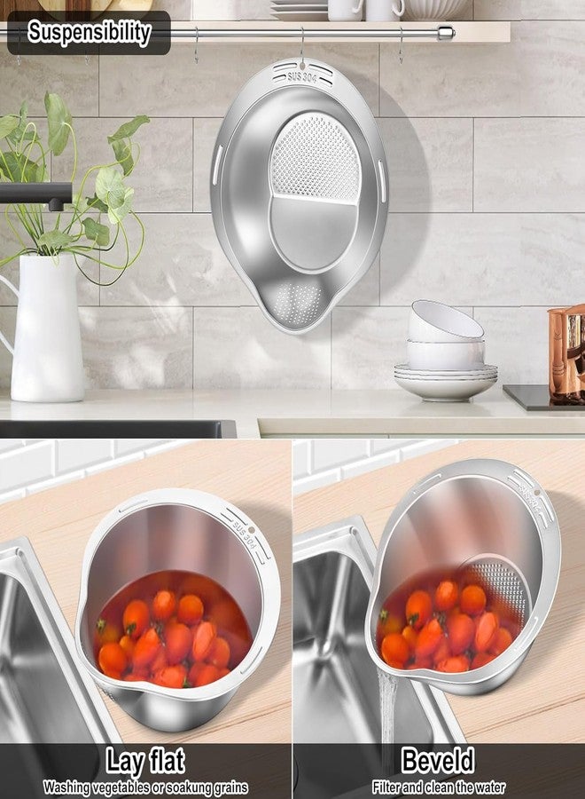 PLUMAZE Rice Washer Strainer Bowl,4-in-1 Washer Bowl Stainless Steel Rice Strainer Sink Colanders with Side Drainers Rinsing Fruits,Vegetables Versatile Kitchen Tool Multipurpose Food Prep Colander - Image 3