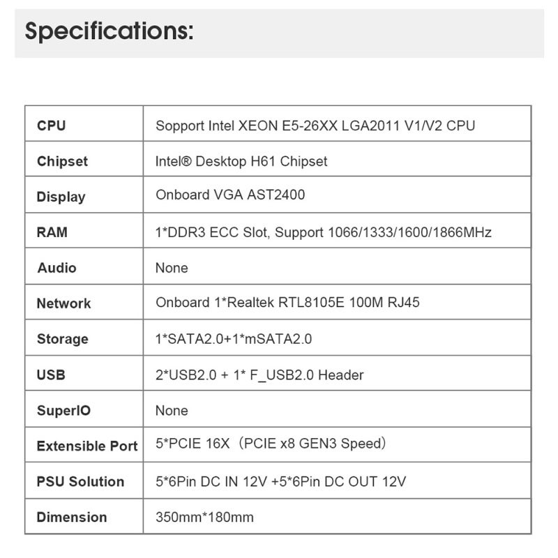 اللوحة الأم 5 فتحات PCI-E 16X تدعم معالج Intel XEON E5-26XX LGA2011 V1/V2 - لوحة رئيسية بمسافة 65 ملم بين بطاقات الرسوميات تحتوي على فتحة DDR3 ECC للتعدين - Image 2