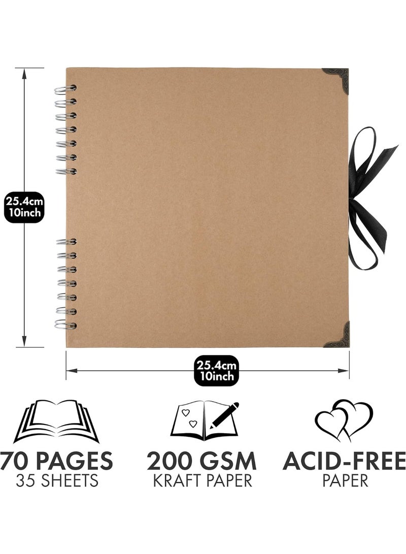 YelaJoy 10 x 10 Inches Scrapbook Album For 4 x 6, 8 x 10 Pictures, 70 Pages Brown Thick 200gsm Kraft Paper Corner Protectors, Ribbon Closure, Ideal for Your Scrapbooking, Art & Craft Projects - Image 2