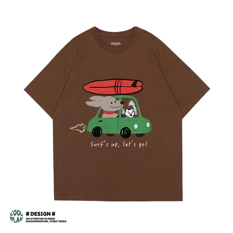 Drive to have fun! Summer American vacation style printed short-sleeved T-shirt casual loose couple outfit round neck half-sleeved tee - Image 2
