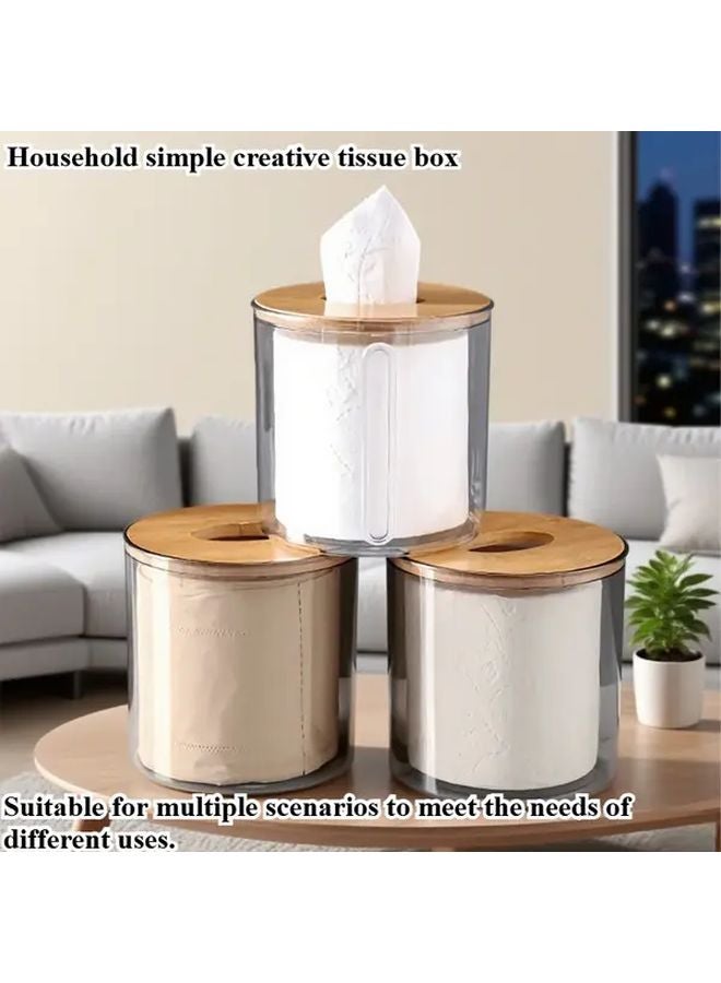 Modern Round Tissue Box Holder With Silvery Bamboo Lid Space Saving Open Design - Image 2