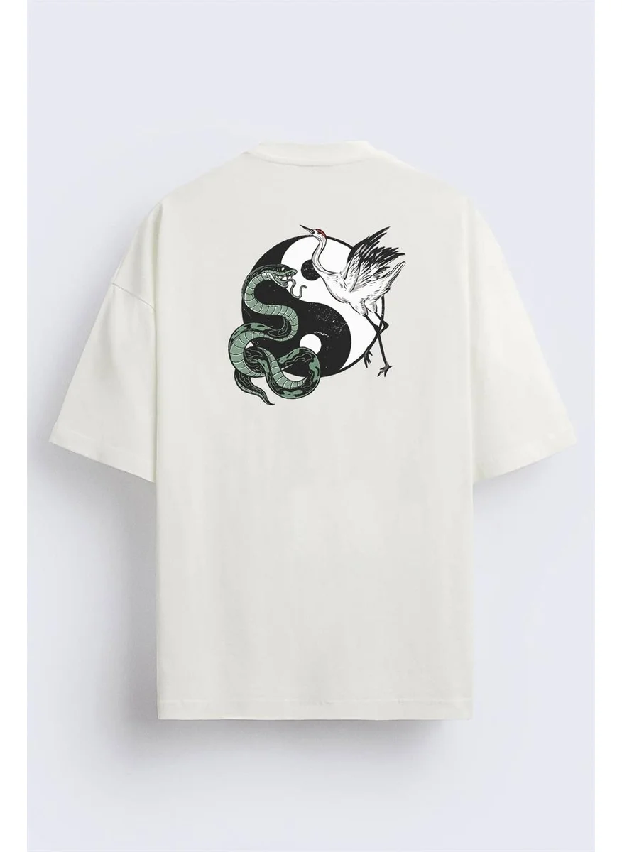 بي ار زد كولكشن Front and Back Printed Ying Yang Snake And Crane Regular Fit T-Shirt