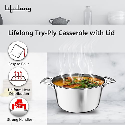 Lifelong LLTPC902 Triply Casserole with Riveted Handle with Stainless Steel Lid 2.1 litre Capacity (18 cm Diameter, Induction, Dishwasher and Gas Stove Friendly) - Image 4