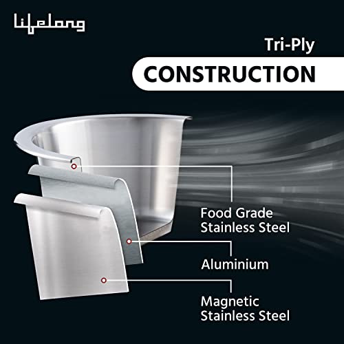 Lifelong LLTPC902 Triply Casserole with Riveted Handle with Stainless Steel Lid 2.1 litre Capacity (18 cm Diameter, Induction, Dishwasher and Gas Stove Friendly) - Image 2