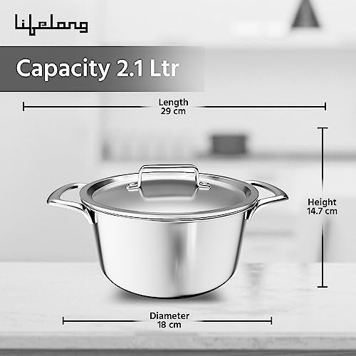 Lifelong LLTPC902 Triply Casserole with Riveted Handle with Stainless Steel Lid 2.1 litre Capacity (18 cm Diameter, Induction, Dishwasher and Gas Stove Friendly) - Image 3